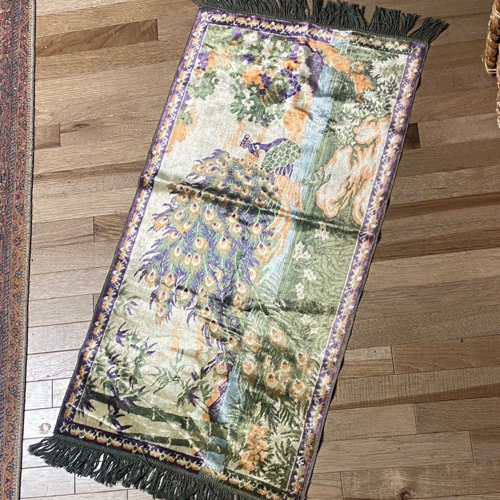 Vintage Peacock Tapestry Wall Hanging in Green, Purple & Peach - Picture 2 of 9